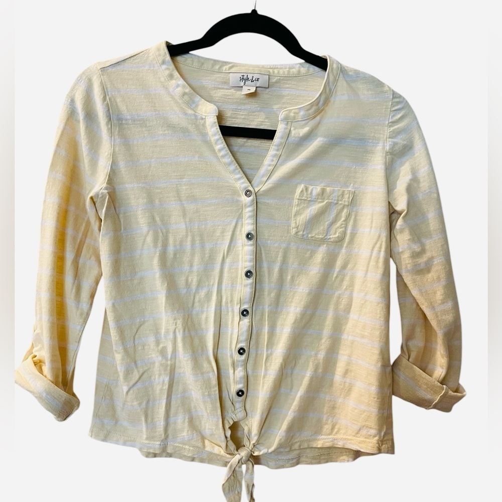 Style Co Women’s Yellow White Striped Button Up Shirt Tie Front Petite Small